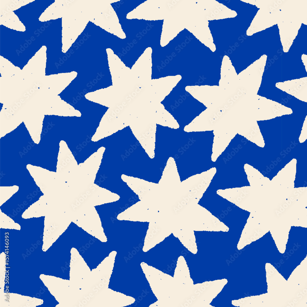 Obraz premium Star pattern in modern style. Seamless starry texture design with grunge sparkles, twinkles. Cosmic background, endless repeating print for wrapping, textile, fabric. Flat vector illustration