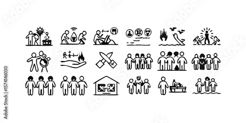 Comprehensive War and Conflict Consequences Line Icon Set for Graphic Design on transparent background comprehensive set line icons representing the consequences war conflict This vector