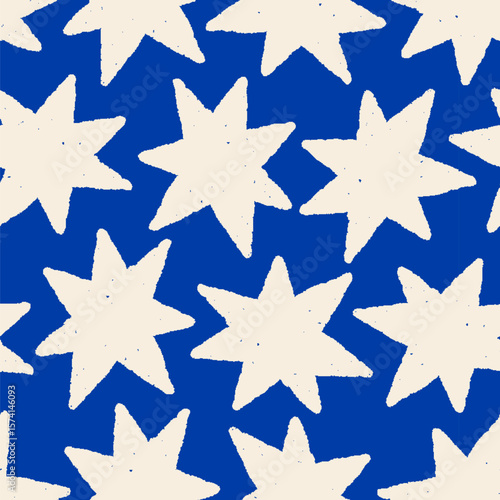 Star pattern in modern style. Seamless starry texture design with grunge sparkles, twinkles. Cosmic background, endless repeating print for wrapping, textile, fabric. Flat vector illustration
