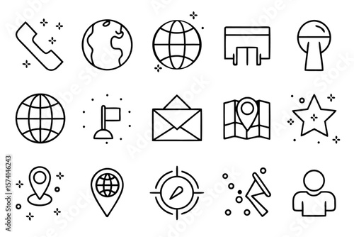 Comprehensive collection of business communication and location related symbols featuring essential contact methods and geographical pointers in a clean modern aesthetic