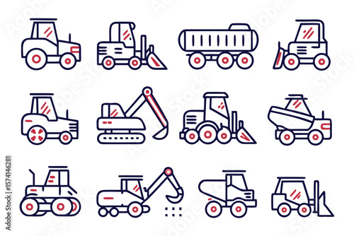 Comprehensive collection of essential heavy machinery and building equipment presented as clean modern outline graphics for diverse professional applications and visual projects