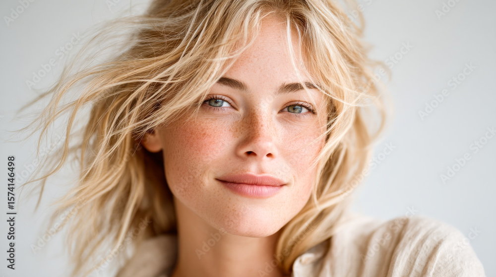 Fototapeta premium Smiling natural beauty indoors. A woman with blonde hair smiles softly while posing indoors, showcasing her natural beauty and radiant skin.