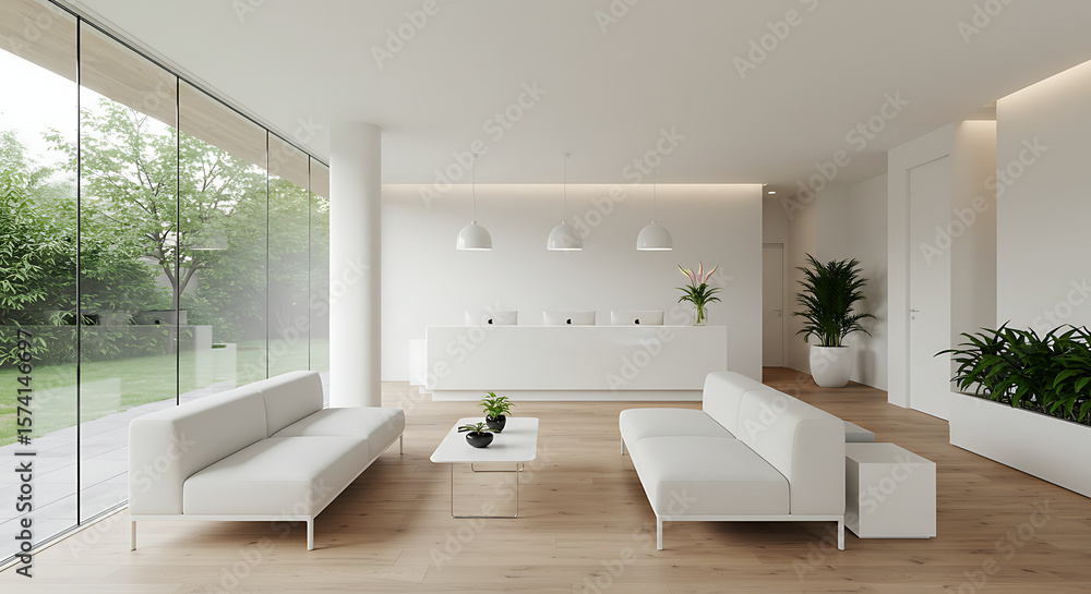 Modern Reception Area with White Furniture and Green Plant Decor Modern Reception Area with White Furniture and Green Plant Decor
