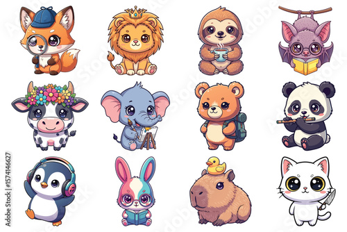 Adorable cartoon animals with cute expressions colorful vector illustration