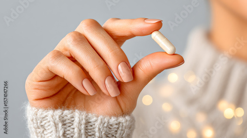 Woman with supplement capsule. A woman shows a dietary supplement capsule against a soft, blurred background while dressed in a cozy sweater.
