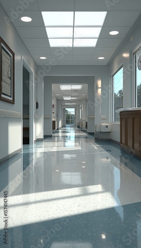 Bright Hospital Hallway with Abundant Natural Light  Clean Environment  and Reflective Tile Floors