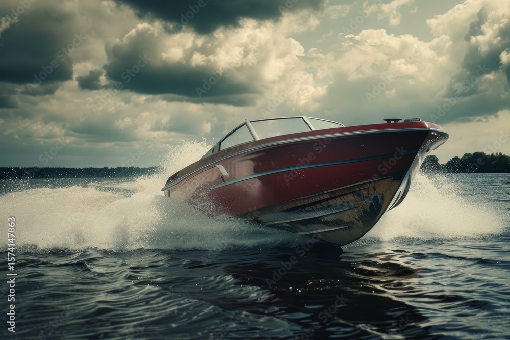 Fototapeta premium Red motorboat speeding and splashing water on a lake under dramatic cloudy sky