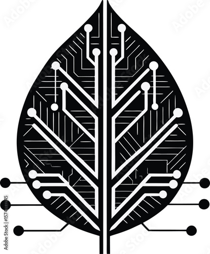 Leaf Made of Circuits Black Vector Green Technology Icon
