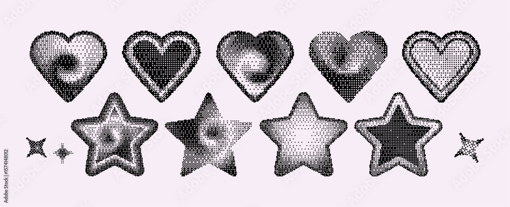 Pixel art hearts and stars with halftone gradient effects made of black dots. Retro game graphics collection with various textures of scattered points for vintage y2k digital design elements.