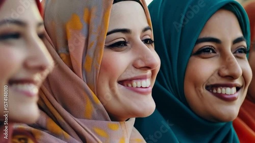Smiling group of women in hijabs, Diverse Muslim women smiling, Group of happy women wearing hijabs

