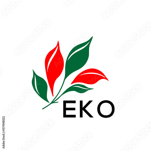 EKO Abstract Botanical Logo with Elegant Typography, EKO  Later Logo, Modern Nature Inspired Logo with Red and Green Leaves.
