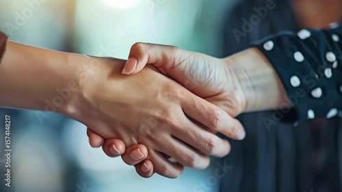 Close-up handshake between two business professionals, Business professionals shaking hands, Close-up handshake agreement

