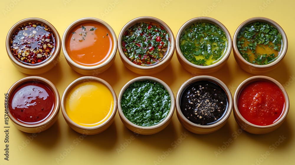 custom made wallpaper toronto digitalEight wooden bowls filled with various colorful sauces and spices on a yellow background.