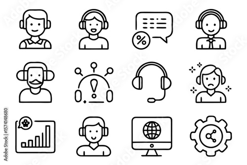 Comprehensive collection of clean minimalist line art symbols representing various aspects of customer support and user interaction for digital platforms and applications