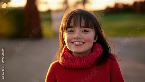 Happy girl in red sweater smiling at sunset, Smiling child in red sweater outdoors, Young girl with bright smile in autumn

