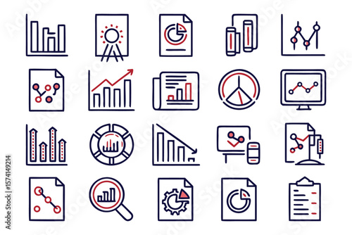 Comprehensive collection of editable stroke symbols representing various aspects of data analysis business intelligence and digital information processing suitable for diverse applications