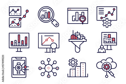 Comprehensive minimalist icon collection for data analysis featuring essential symbols for business intelligence statistics and digital information processing in a clean modern aesthetic