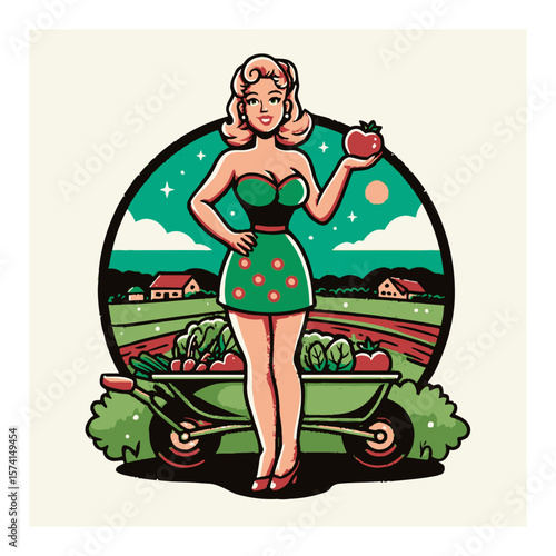 Cheerful Cartoon Woman with Cart of Fresh Vegetables and Red Tomato