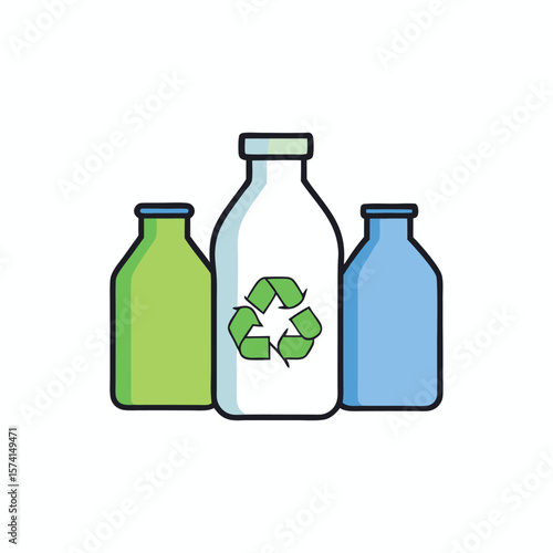 Three bottles with a recycling symbol on the middle one