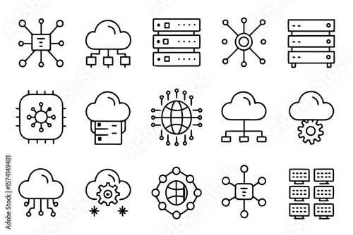 Comprehensive collection of essential data center symbols and graphics showcasing server racks cloud computing network connections and security elements in a professional design