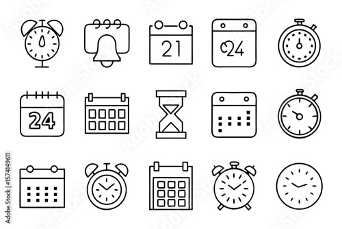 Comprehensive collection of temporal and scheduling symbols featuring alarm alerts calendar entries and clock elements for digital interfaces and applications