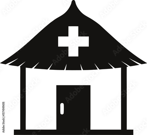 Remote village medical hut with a thatched roof and a cross