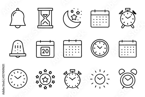 Comprehensive collection of temporal and scheduling elements including a distinct daytime alarm symbol presented in a versatile graphic format