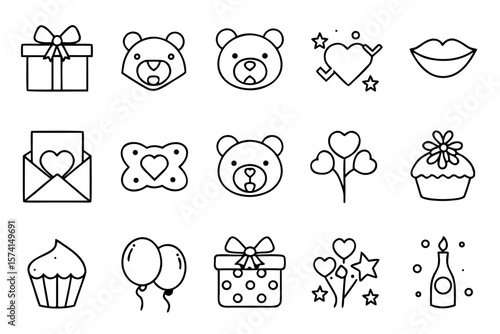 Charming collection of graphic elements featuring a cuddly teddy bear a delightful gift box and expressive lips presented as a cohesive set of stylish symbols