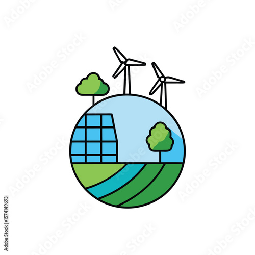 Planet earth with wind turbines and solar panels, symbolizing green energy