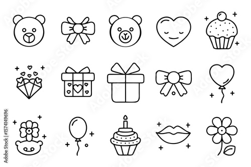 Charming collection of graphic elements featuring a cuddly teddy bear a festive gift box and alluring lips perfect for creative projects