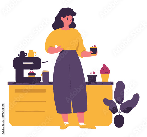 Woman in Kitchen Holding Dessert with Coffee Machine and Plants