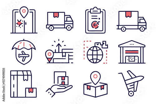 Comprehensive collection of clean modern line art symbols representing various aspects of shipping transportation and global commerce for digital interfaces and presentations