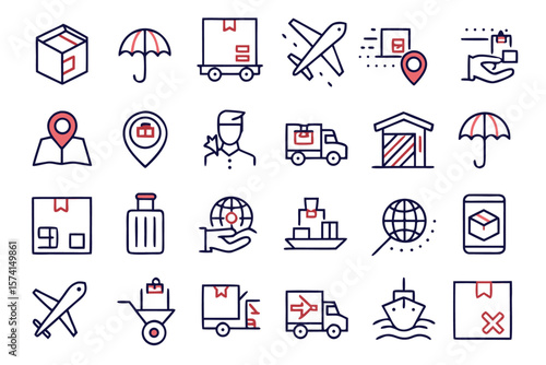 Comprehensive collection of stylized line art symbols representing various aspects of shipping transportation and global commerce for modern digital interfaces and presentations