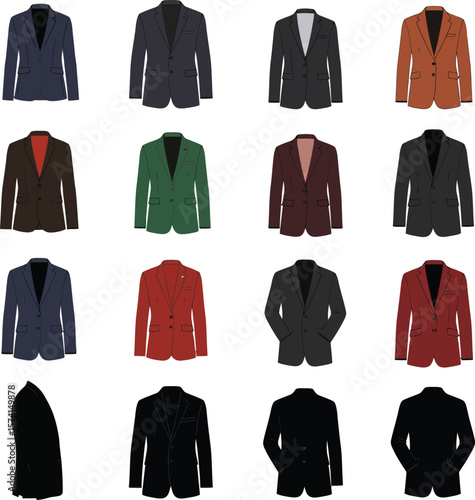 Vector illustration set of stylish men's jackets, blazers, and suits in various colors and designs, perfect for business, formal wear, fashion, and sophisticated apparel concepts.