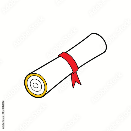 A rolled diploma scroll tied with a red ribbon