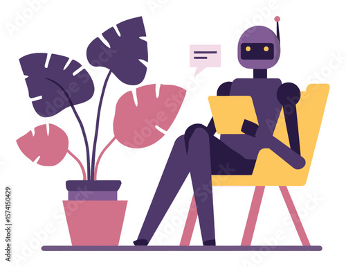 Relaxing Robot with Plant in Modern Interior Design Style