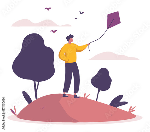Young Person Flying Kite in Nature with Vibrant Flat Design Style