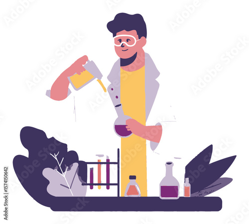 Scientist Conducting Chemistry Experiment in Flat Vector Style