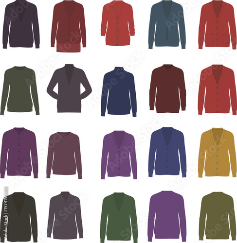 Vector illustration set of cozy cardigans and sweaters in various colors, styles, and patterns for men and women, representing knitwear, casual fashion, and comfortable apparel concepts.