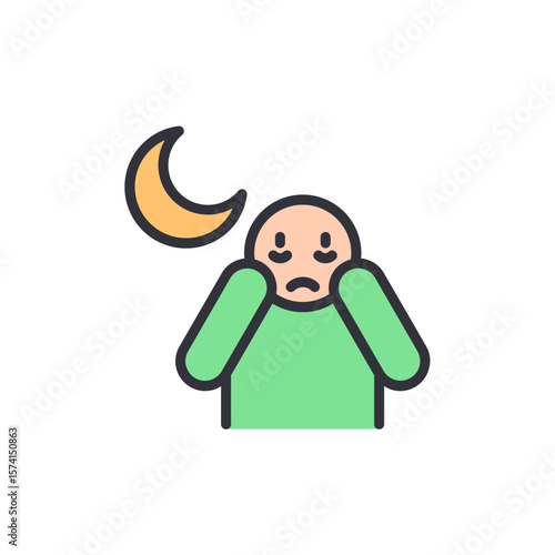 Cartoon Illustration Of Sleeplessness At Night With Moon Overhead