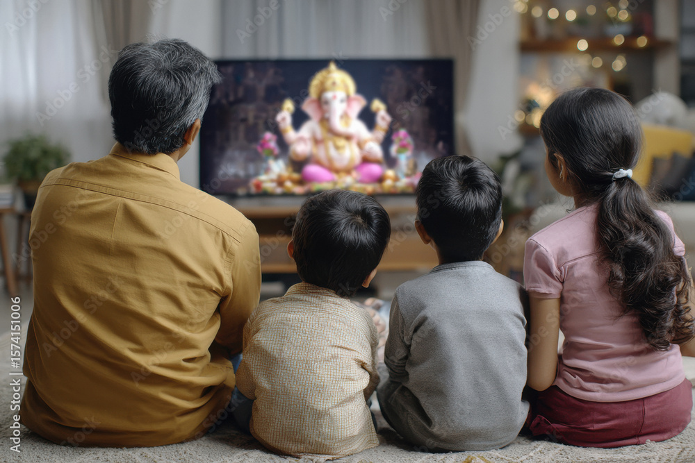 Obraz premium Family watching online ganesha puja