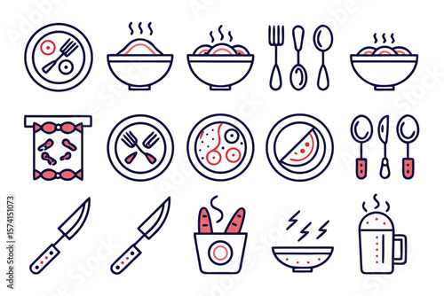 A collection of culinary and kitchenware symbols featuring plates bowls and various cooking implements presented in a clean graphic style for diverse applications