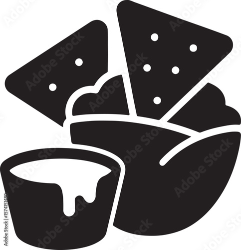 Silhouette vector of nachos with cheese dip icon, ideal for snacks, party food, and Mexican cuisine designs. EPS file.
