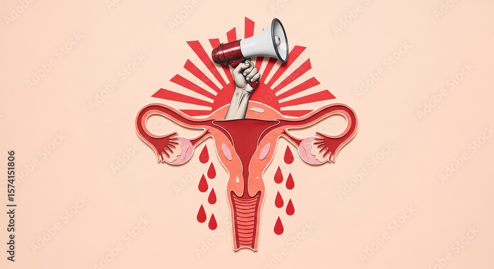 Obraz premium Paper art illustration of female reproductive organ with hand holding megaphone, symbolizing women's health advocacy and awareness