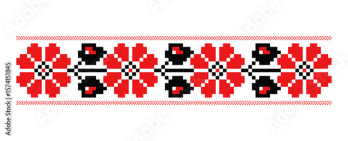 Flower embroidery ornament motif, decorative pixelated repeated pattern from Dnipro region, Ukraine