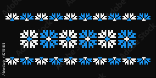 Blue and white flower ornament pattern from Ukraine, floral border decor on black