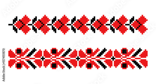 Red and black flower embroidery ornaments, pixelated vyshyvanka repeated motifs from Dnipro region, Ukraine