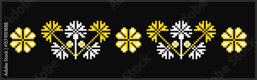 Yellow and white vyshyvanka ornament pattern from Dnipro region of Ukraine, floral border decor on black