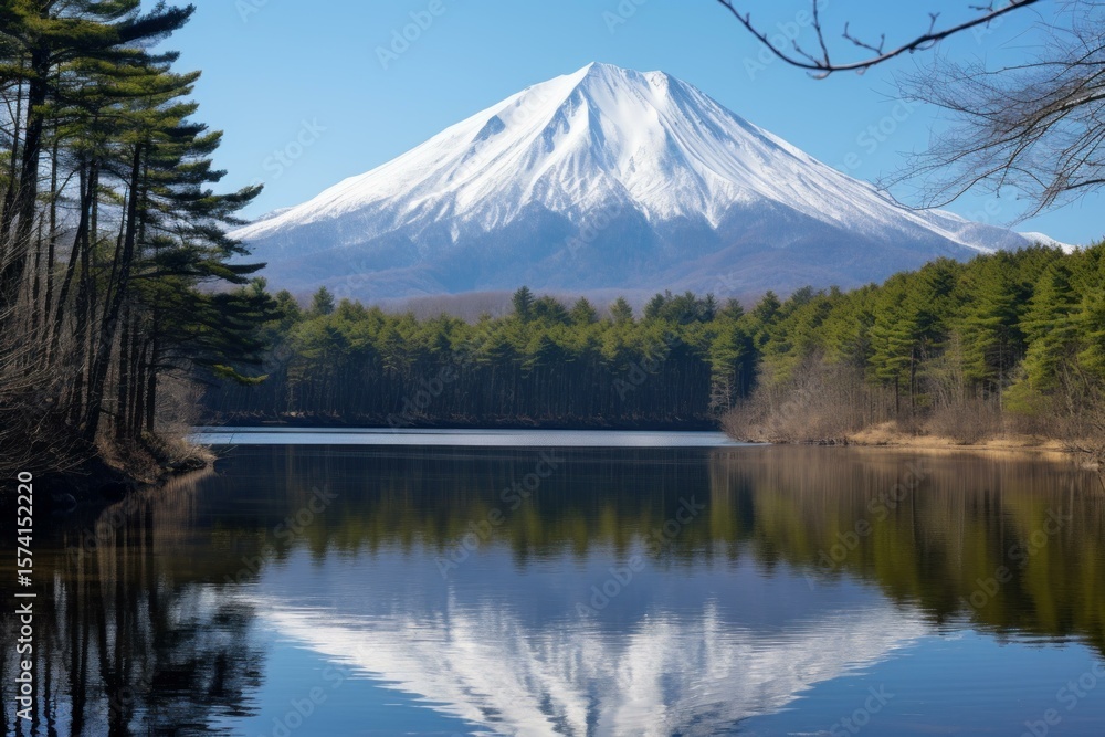 Majestic mount fuji reflecting perfectly in the still water of lake tanuki, surrounded by a lush forest, on a beautiful clear day Majestic mount fuji reflecting perfectly in the still water of lake tanuki, surrounded by a lush forest, on a beautiful clear day