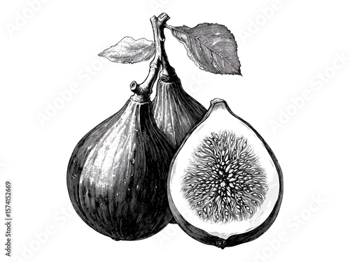 Hand-drawn vintage fig engraving, black and white fruit sketch, antique food illustration, trendy decor art, detailed botanical drawing, natural healthy fruit design